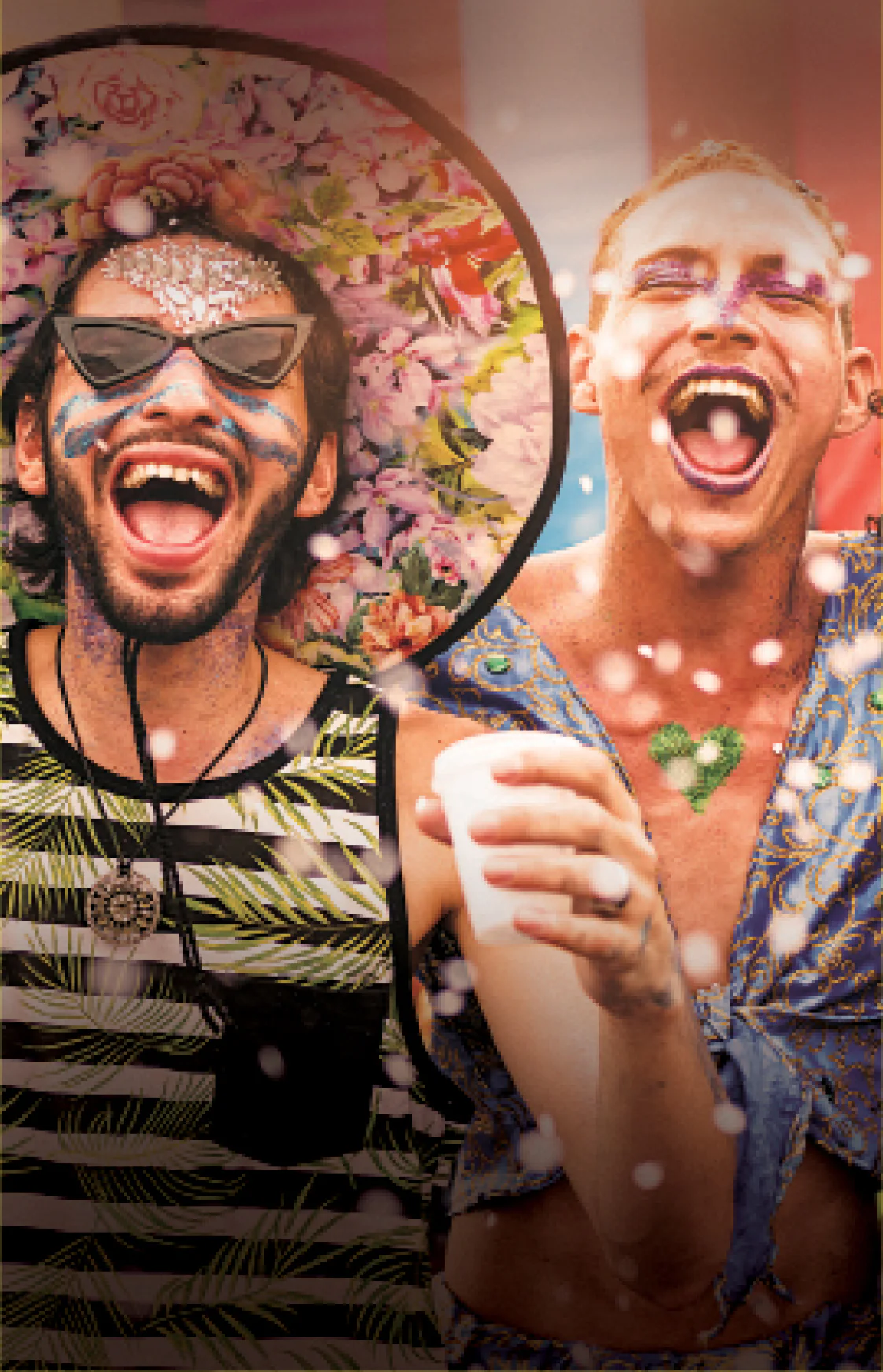 Dois homens com rostos pintados, chapéu e óculos de sol e rindo, transmitindo alegria e descontração